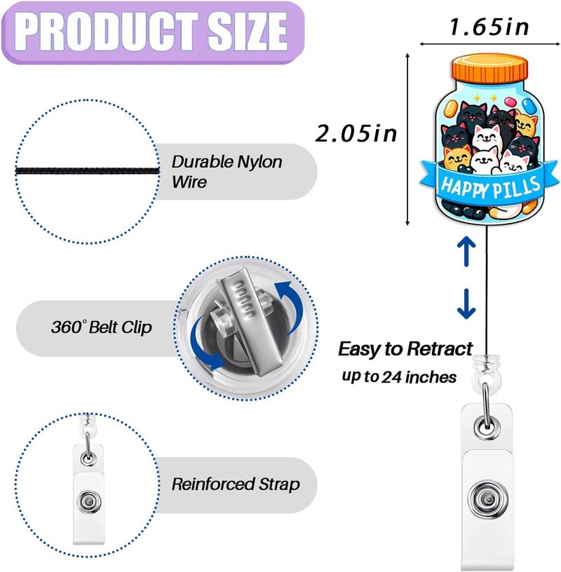 Bydevia Funny Happy Pills Cat Pharmacy Tech Badge Reel Retractable | Pharmacy Technician Badge Reel, Cute Pharmacist Gifts, Pharmacy Badge Holder with Alligator Clip & 24” Durable Nylon Cord | Acrylic - Image 2